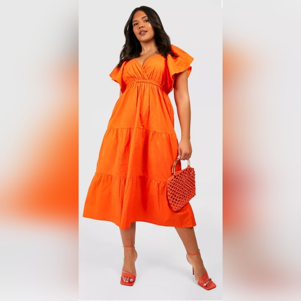 NWT Boohoo Plus Cotton Poplin Ruffle Angel Sleeve Midi Dress Size 24